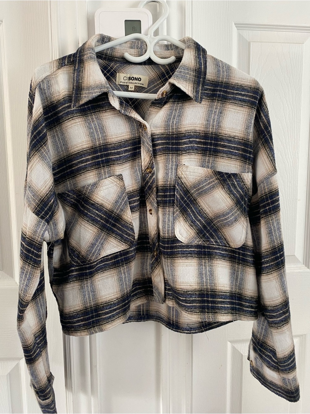 Ci Sono Navy, Cream & Tan Plaid Button-Up Shacket